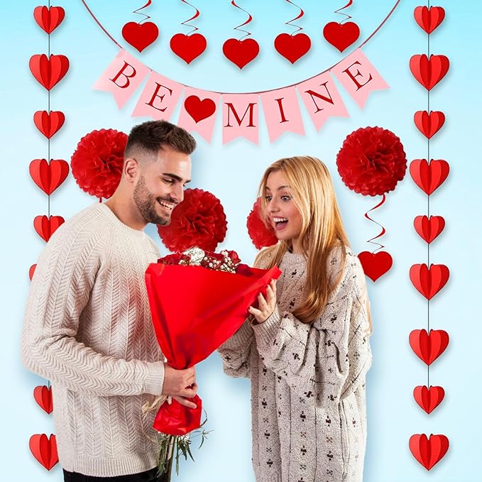 Party Propz Birthday Decoration Items - 13pcs Heart Hanging Decoration Items | Pom Pom & Be Mine Paper Banner | Anniversary Decoration Items Kit | Heart Garland Decoration | Birthday Decoration Kit
