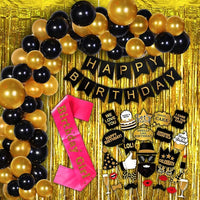 Happy Birthday Decoration Kit - Golden Birthday Combo With Happy Birthday Banner (cardstock), Sash, Foil Curtain, Black Golden Balloons, Photo Booth Props for Birthday Decorations For Girls - 73Pcs