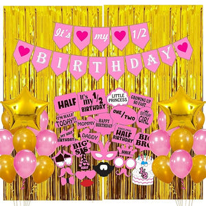 Party Propz Half Birthday Decorations For Baby Girl Combo - 62Pcs Items Set For 6 Months Birthday Decorations For Girl, Half Bday Banner(cardstock), Balloons, Foil Balloon, Photo Booth, Foil Curtains