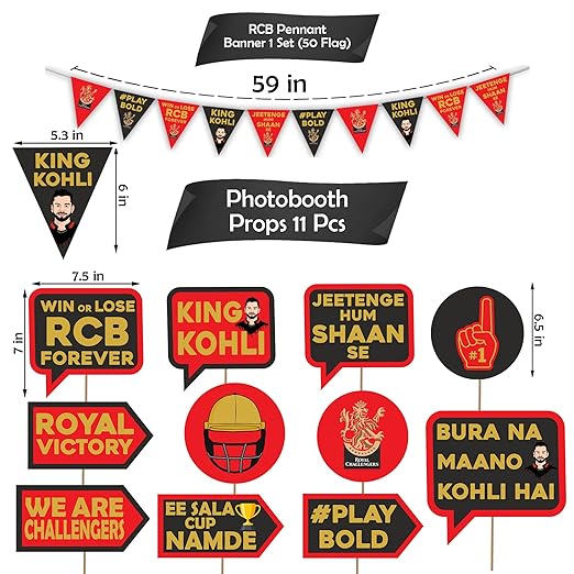 Party Propz Ipl Theme Decoration For RCB - 59 Pcs Royal Challengers Bangalore Theme Pennant Banner And Ipl Photo Booth Props | RCB Flag 2024 IPL | Bunting For Decoration | Paper Flags Decoration