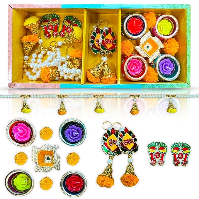 Party Propz Diwali Diyas for Decoration - 14Pcs Diwali Decoration Items for Home Decor | Clay Diya for Diwali | Diya Lights for Home Decor | Toran, Shubh Labh Wall Hangings, Marigold | Diya for Puja