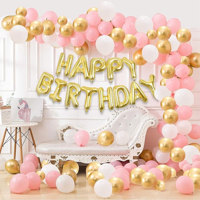 Party Propz Birthday Decoration Items For Girl-101 Pcs,Pink Birthday Decoration Items For Wife,Women|Happy Birthday Decorations For Girls,Wife|Pink,Gold,White Metallic Balloons For Decoration