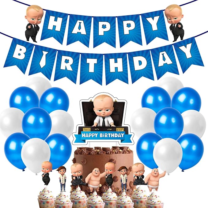 Party Propz Boss Baby Theme Decorations Combo Set - 52Pcs With Happy Birthday Banner, Metallic Balloons, Cake Toppers, Baby Boss Cup Cake Topper for Boys Bday Decorations Items /Kids Supplies