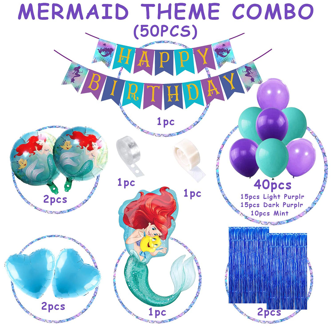 Party Propz Mermaid Theme Birthday Decorations - Cute 50 pcs Birthday Decoration Items For Girl | Mermaid Foil Balloons | Kids Birthday Decoration Kit | Mermaid Balloons for Birthday Decoration