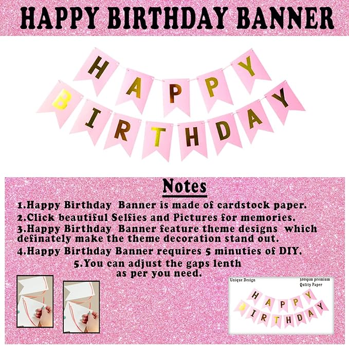 Party Propz 1st Birthday Decoration for Girls - Pink Happy Birthday Banner (cardstock), 1 Foil Balloons For Birthday, Metallic Balloons, Foil Curtains For First Birthday Decorations Girl