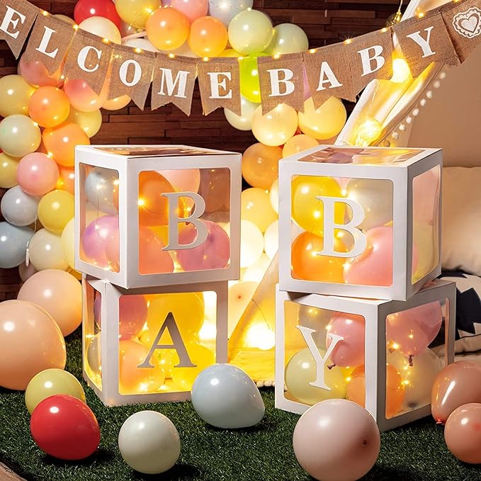 Party Propz Paper Baby Shower Party Decoration Set - 45 Piece Balloon Box Kit - Baby Shower Backdrop Party Decor - Letters, Balloons, Boxes - Baby Birthday Supplies With Fairy Led Lights,Multicolor