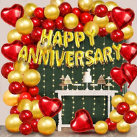 Party Propz Red And Golden Happy Anniversary Decorations for Home Kit - 73Pcs Foil Balloon Banner (cardstock), Metallic Balloons 1set LED Lights Combo for 25th 50th 1st, Wedding Party Decoration