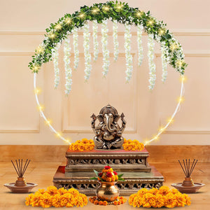 Circular Pooja Backdrop Stand for Decoration - 5Pcs Ring Stand, Ivory Wisteria & LED Lights