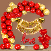 Party Propz Birthday Decoration Items Kit For Husband, Wife - 64Pcs Set Golden And Red With Foil,Love, Heart Balloon, Metallic,Led Fairy Light, Heart,Glue Dot and Arch Strip Roll/Ballon Garland
