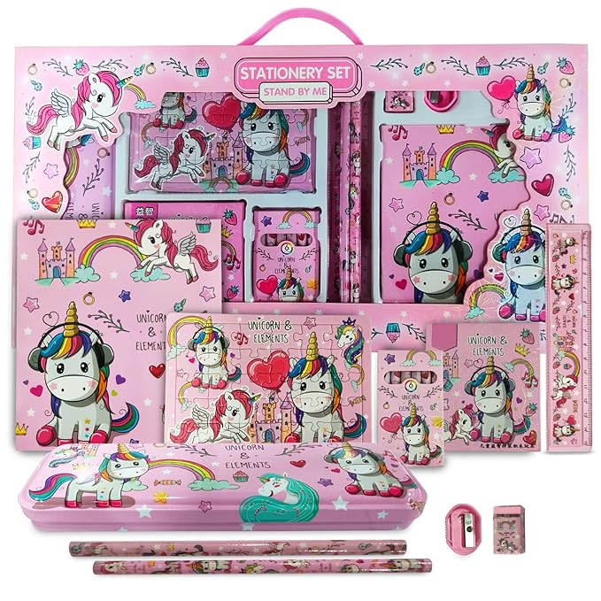 Party Propz Unicorn Stationary Set Kit For Girls- 10Pcs Notebook, Puzzle, Scale,Steel Pencil Box, Sharpener, Eraser, Toys- Return Gifts For Girls Age 10-12 Years-Unicorn Things School Accessories Item