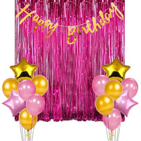 Party Propz Happy Birthday Decoration Items Combo Kit- 17Pcs | Happy Birthday Banner Made of Metalic Golden Cardstock | Star Balloons for Decoration | Pink Foil Curtain for Decoration | Latex Balloons