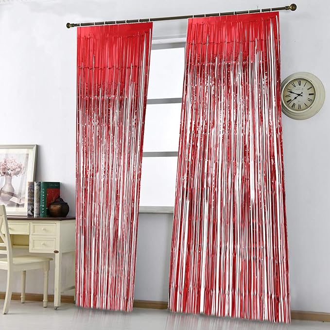 Party Propz 3 ft X 6 ft 10 inches Red Metallic Tinsel Foil Fringe Curtains for Birthday Wedding Engagement Bridal Shower Baby Shower Bachelorette Holiday Celebration Party Decorations (Set of 3)