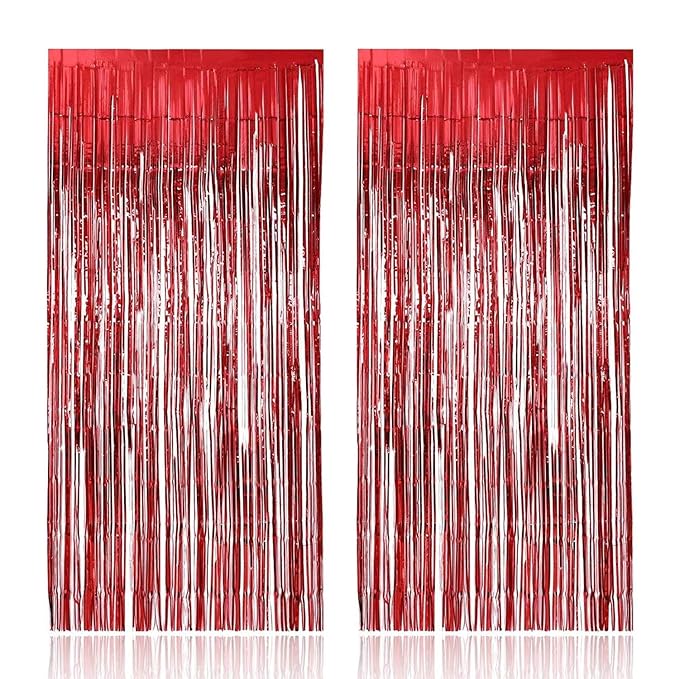 Party Propz 3 ft X 6 ft 10 inches Red Metallic Tinsel Foil Fringe Curtains for Birthday Marriage Engagement Bridal Shower Baby Shower Bachelorette Holiday Celebration Party Decorations (Set of 2)