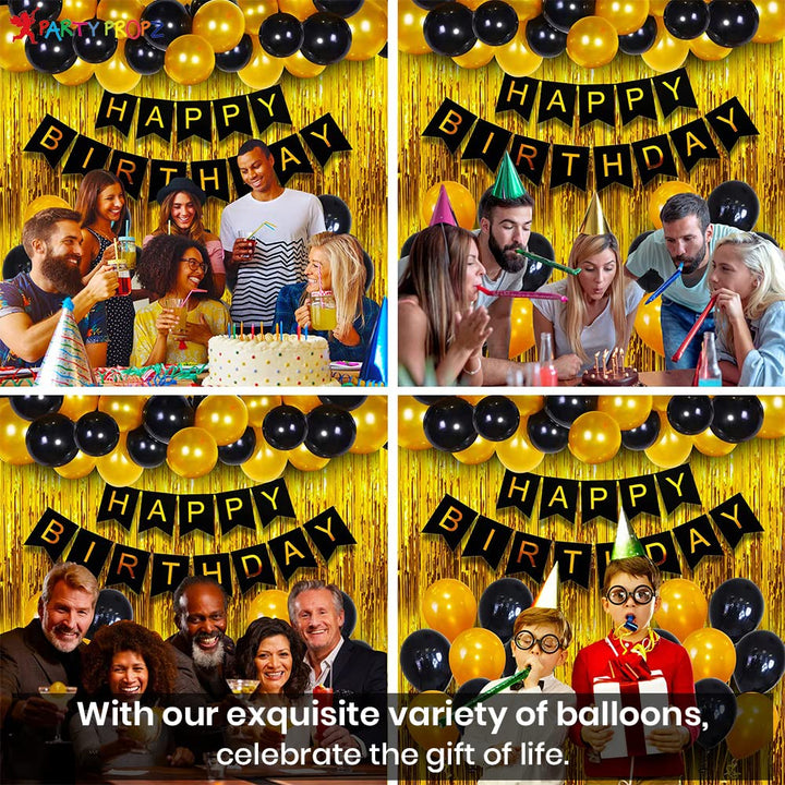 Party Propz Happy Birthday Decoration Items - Pack of 34, Birthday Decorations Kit | Black and Gold Balloons for Birthday Decoration | Birthday Decorations for Husband | Birthday Decoration for Adults