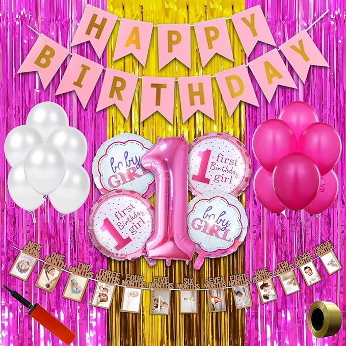 Party Propz 1st Birthday Decoration for Girls - 63 Pcs, Pink Happy Birthday Paper Banner(cardstock), Foil, Metallic Balloons, Foil Curtains with Hand Balloon Pump for First Birthday Decorations