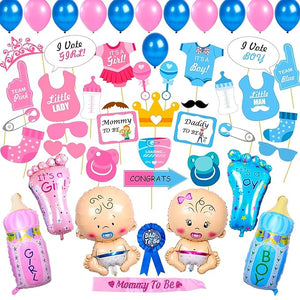 Party Propz Baby Shower Combo Decorations Material Set - 77Pcs Baby Shower Photobooth Props, Latex Balloon, Feet Foil Balloon, Bottle Foil Balloon, Sash and Badge, Maternity, Pregnancy Photoshoot