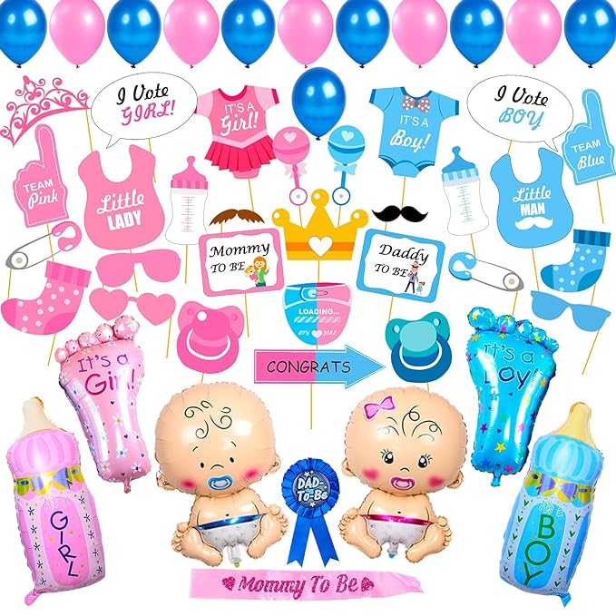 Party Propz Baby Shower Combo Decorations Material Set - 77Pcs Baby Shower Photobooth Props, Latex Balloon, Feet Foil Balloon, Bottle Foil Balloon, Sash and Badge, Maternity, Pregnancy Photoshoot