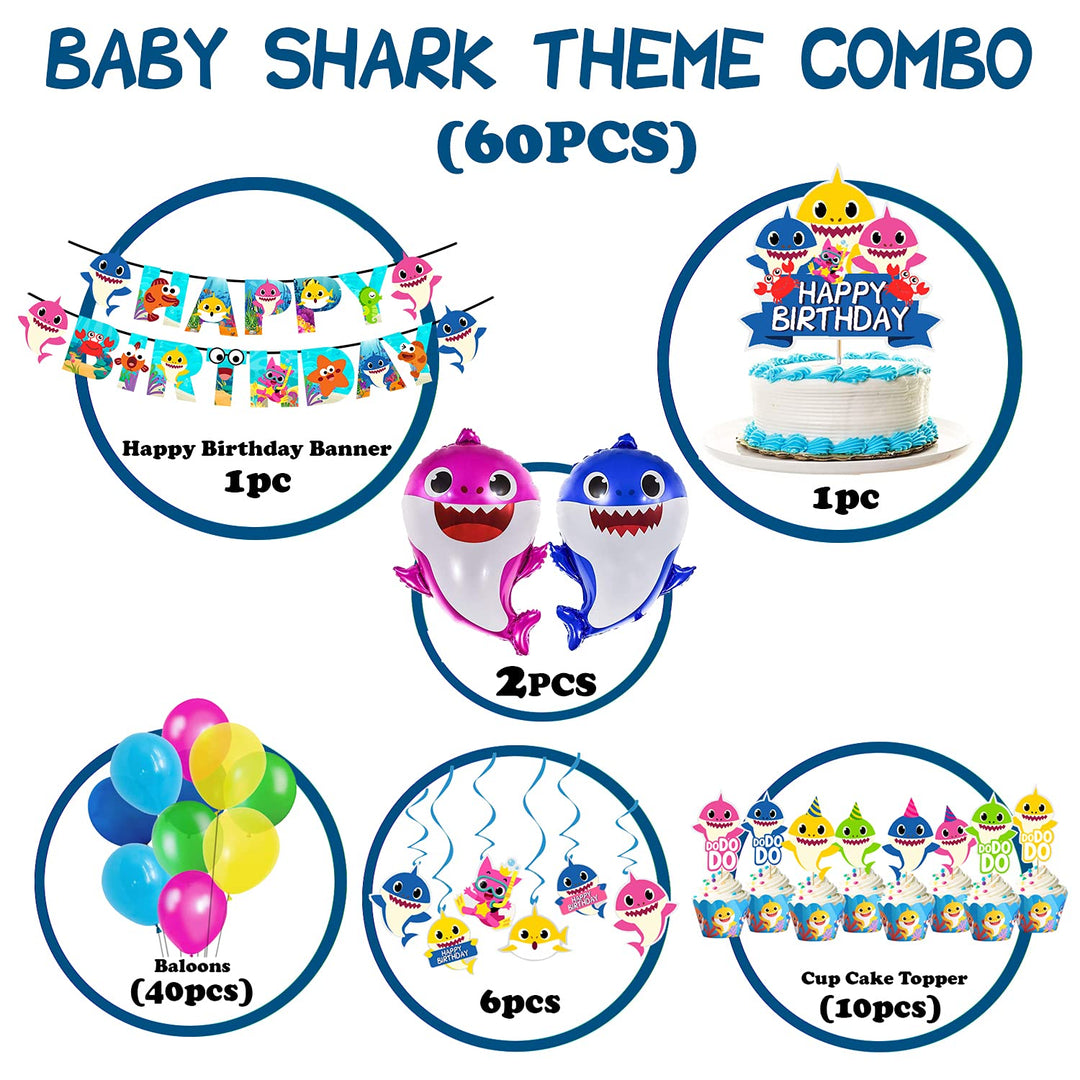 Party Propz Baby Shark Theme Birthday Decorations - 60Pcs Combo Set | Shark Theme Happy Birthday Banner | Shark Balloons | Cake Toppers For Cake Decoration | Swirls | Baby Shark Birthday Decorations