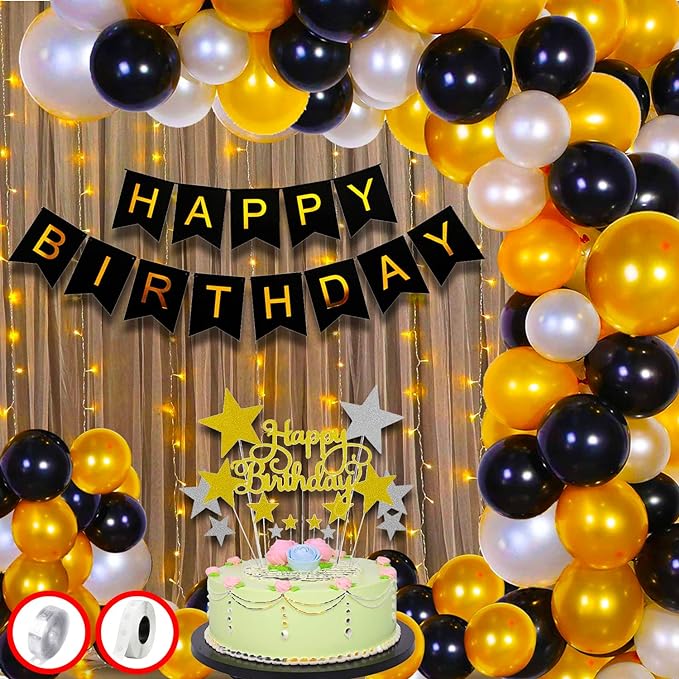 Party Propz Happy Birthday Decoration For Husband Kit Combo Set - 55pcs Birthday Paper Banner Metallic Confetti Balloons With Cake Topper & Glue Dot - Happy Birthday Decorations Items
