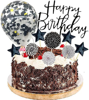 Party Propz Happy Birthday Cake Topper-11Pcs|Black Cake Toppers For Cake Decoration|Cake Decoration Items For Girl|Boy|Confetti Balloon|Glitter Star|Fan Toppers|Birthday Decoration Kidsfor Adults