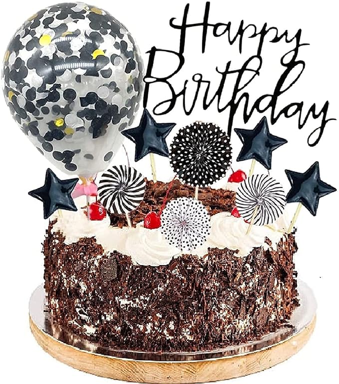 Party Propz Happy Birthday Cake Topper-11Pcs|Black Cake Toppers For Cake Decoration|Cake Decoration Items For Girl|Boy|Confetti Balloon|Glitter Star|Fan Toppers|Birthday Decoration Kidsfor Adults