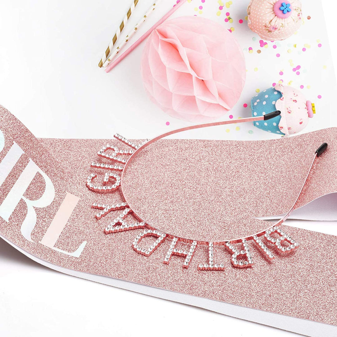 Party Propz Birthday Girl Sash and Crown - Rose Gold 2Pcs Birthday Decoration Items for Girl | Birthday Sash for Girls | Crown for Birthday Girl | Birthday Sash and Crown for Girls | Birthday Sash