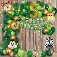 Jungle Theme 5th Birthday Decoration Kit for Boys – 57 Pcs Animal Balloons, LED Light, Balloon Arch, Net Curtains