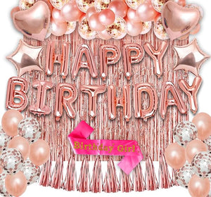 Party Propz Rose Gold Birthday Decoration Kit - 47Pcs Star/Heart Foil Balloons with Happy Bday Foil Banner (cardstock), Rose Gold Tassels, Foil Curtains & Satin Sash for Baby Girls, Women, Wife Theme