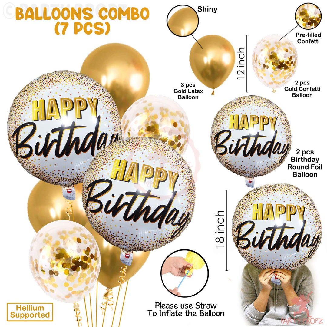 Party Propz Foil Ballons for Birthday Decorations Items - Set of 7 Pcs, Birthday Balloons for Decoration | Printed Foil Balloons with Golden Confetti Balloons | Happy Birthday Decoration for Girls