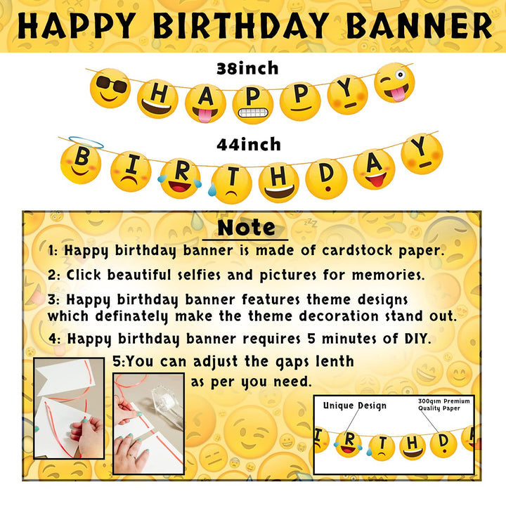 Party Propz Emoji Theme Birthday Decoration - 52Pcs, Happy Birthday Decoration Items For Girl Boys | Emoji Balloons Set | Happy Birthday Banner(Cardstock) With Led Lights | Smiley Theme Birthday Kit