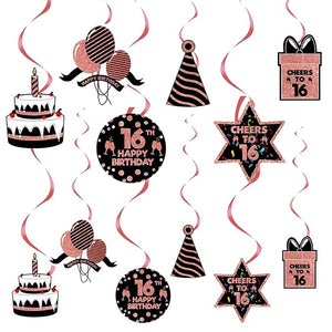 Party Propz 16th Birthday Decorations for Girl - Set of 12 Rose Gold Happy Birthday Decoration Swirls and Cutouts for Kids 16th Birthday Celebration