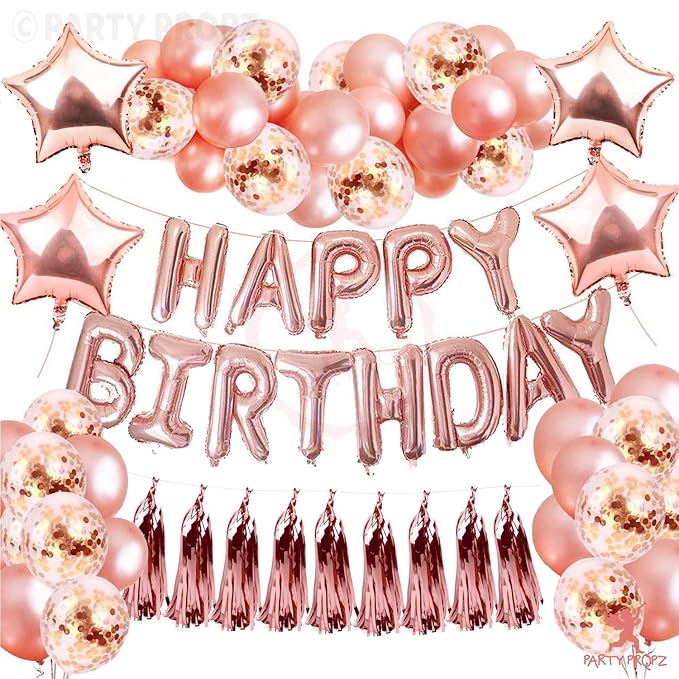 Party Propz 45pcs Rose Gold Girls Birthday Decorations Set Happy Birthday letter Balloons, Tissue Paper Tassel, Balloons,Confetti balloons And Star Foil Balloons For All Ages.