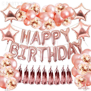 Party Propz 45pcs Rose Gold Girls Birthday Decorations Set Happy Birthday letter Balloons, Tissue Paper Tassel, Balloons,Confetti balloons And Star Foil Balloons For All Ages.
