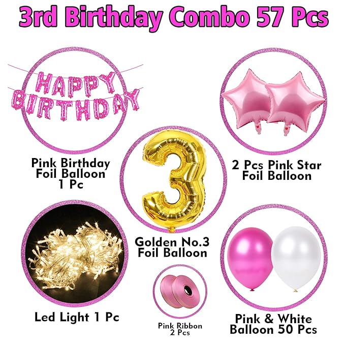 Party Propz 3rd Birthday Decoration Items For Baby,Girls With Fairy Lights - 57Pcs Pink Third Birthday Decoration - For 3 Year material FOIL, LATEX, RUBBER