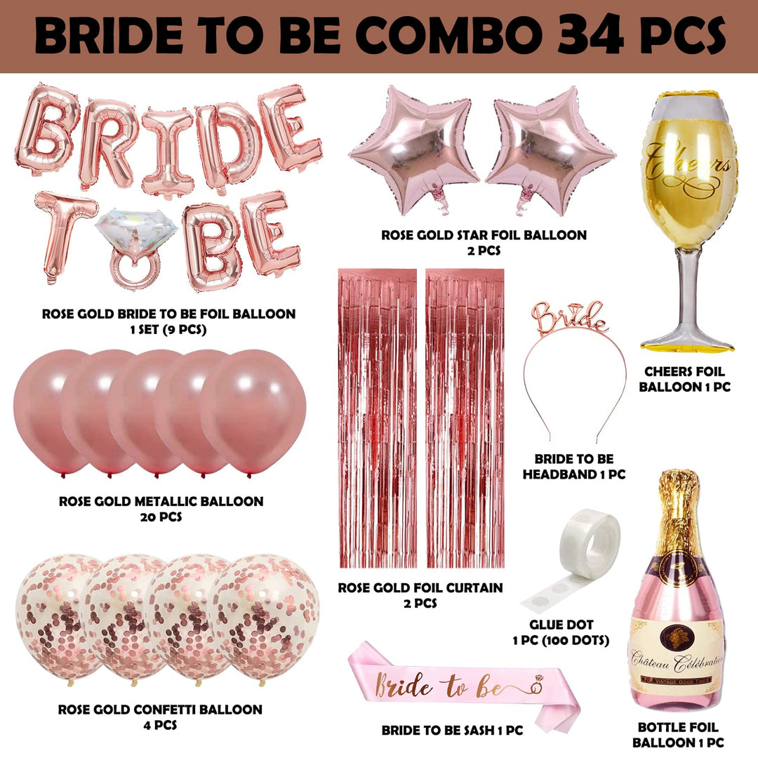 Party Propz Bachelorette Party Decorations - 34pcs Bride To Be Decoration Set Combo | Bride To Be Foil Balloon Banner | Bride To Be Sash And Crown | Rose Gold Metallic Balloons | Bride To Be Props