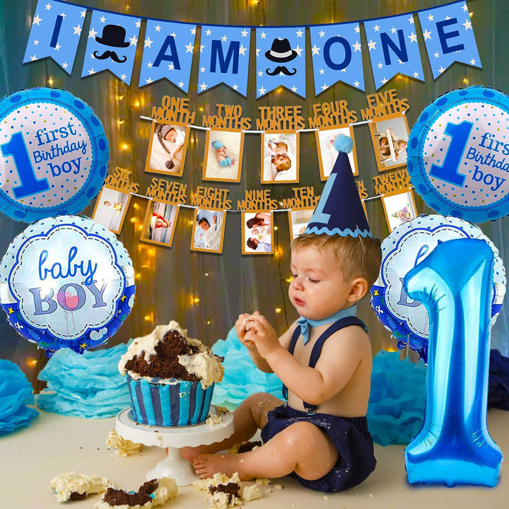 Party Propz 1st Birthday Decoration Items - 8 Pcs, 12 Months Photo Banner For Birthday (Cardstock) | I Am One Banner For Boys (Cardstock) | First Birthday Decorations Boy | Birthday Decorations 1 year