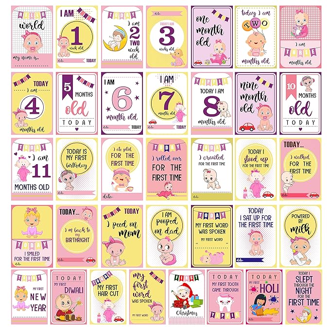 Party Propz Baby Milestone Cards for New Born 36Pcs Multicolor Baby Monthly Milestone Cards Or Milestone Stickers 1-12 Month Milestone Card Newborn Girl Child Baby Card Monthly Photoshoot Accessories