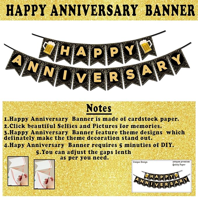 Party Propz Happy Anniversary Decoration Items With Led Fairy Light - 47Pcs Combo with Anniversary Banner (cardstock), Metallic & Foil Balloons, Golden Foil Curtains - Marriage Decorations Set