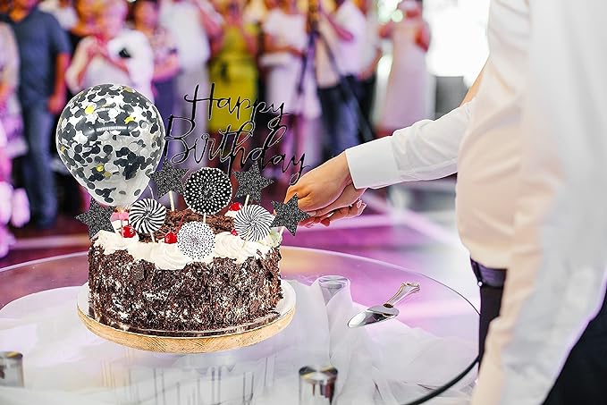 Party Propz Happy Birthday Cake Topper-11Pcs|Black Cake Toppers For Cake Decoration|Cake Decoration Items For Girl|Boy|Confetti Balloon|Glitter Star|Fan Toppers|Birthday Decoration Kidsfor Adults
