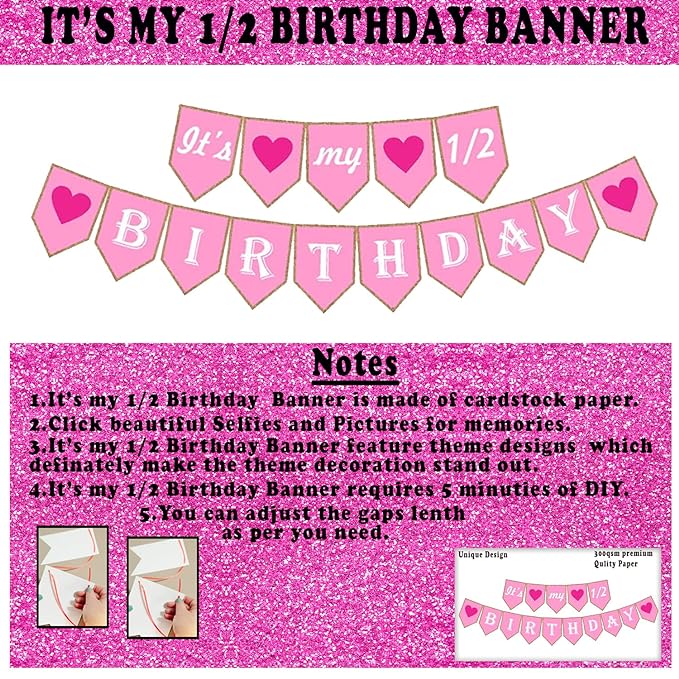 Party Propz Half Birthday Decorations For Baby Girl Combo - 46Pcs Items Set For 6 Months Birthday Decorations For Girl - Half Bday Banner, Balloons, Balloon Arch & Glue Dot