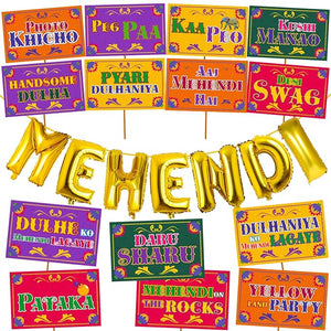 Party Propz Haldi Mehndi, Engagement Decoration Items For Marriage - 15Pcs Mehendi Foil Banner (cardstock) | Haldi Mehndi Props For Bride & Family | Haldi Mehndi Props For Groom & Family