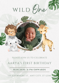Customizable "Wild One" Jungle Theme First Birthday Invitation Card - Personalize with Photo & Name (E-Invitation Card)