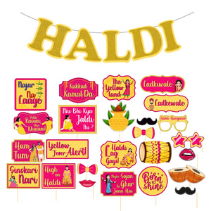 Haldi Props & Banner Set – 26 Pcs | Photo Booth Props for Bride, Groom & Family Haldi Decoration