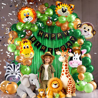 Jungle Theme Birthday Decoration Kit – 66 Pcs | Safari Balloons, Foil Curtains & Banner Set