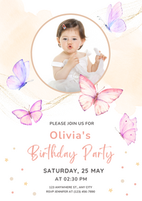 Customizable Pink Butterfly Theme Birthday Party Invitation for Girl's Birthday Party (E-Invitation Card)