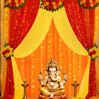 Ganpati Pooja Decoration Kit with Fairy Lights – 8 Pcs | Satin Net Backdrop for Festive Setup