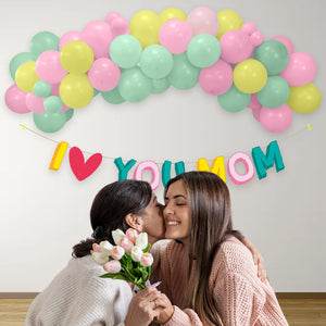 Mother’s Day Decoration Items – 16 Pcs I Love You Mom Banner & Pastel Balloons for Mom Birthday Decoration