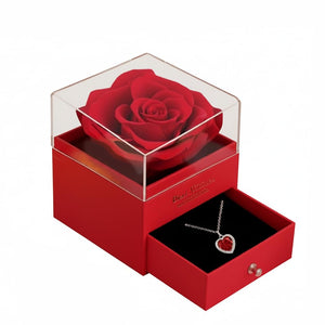 Valentine Gift Box with Necklace - 1 Pc Gift Box with Red Heart Necklace & Artifitial Rose