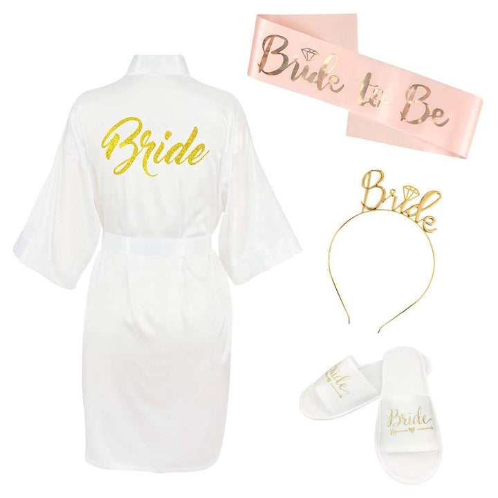 Party Propz Bride To Be Decoration Set Combo - 4 Pcs Bachelorette Party Decorations Combo With Bride To Be Bath Robe, Bride To Be Sleepers, Bride To Be Sash And Crown | Bridal Shower Decorations Kit