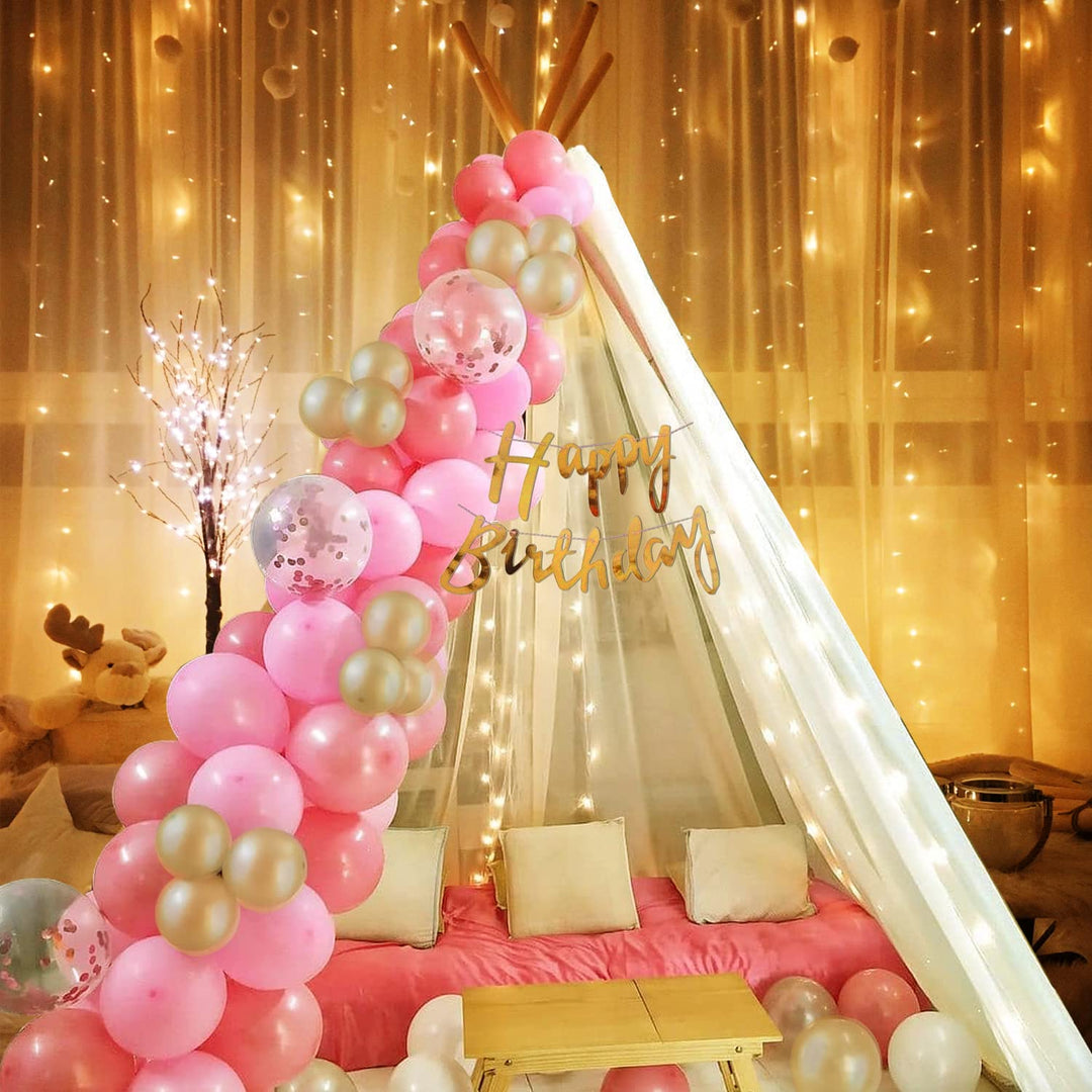 Party Propz Cabana Birthday Decoration Items - 26 Pcs, Canopy Tent For Decoration | White Net Curtain For Birthday Decoration With Lights | Pink, Golden Balloons | Birthday Decoration For Girls, Boys